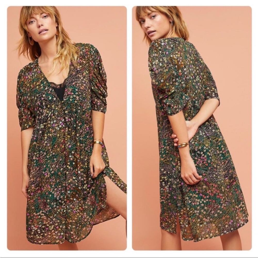 Anthropologie Akemi + Kim Valencia Black Floral Sheer Ruched Dress Kimono S